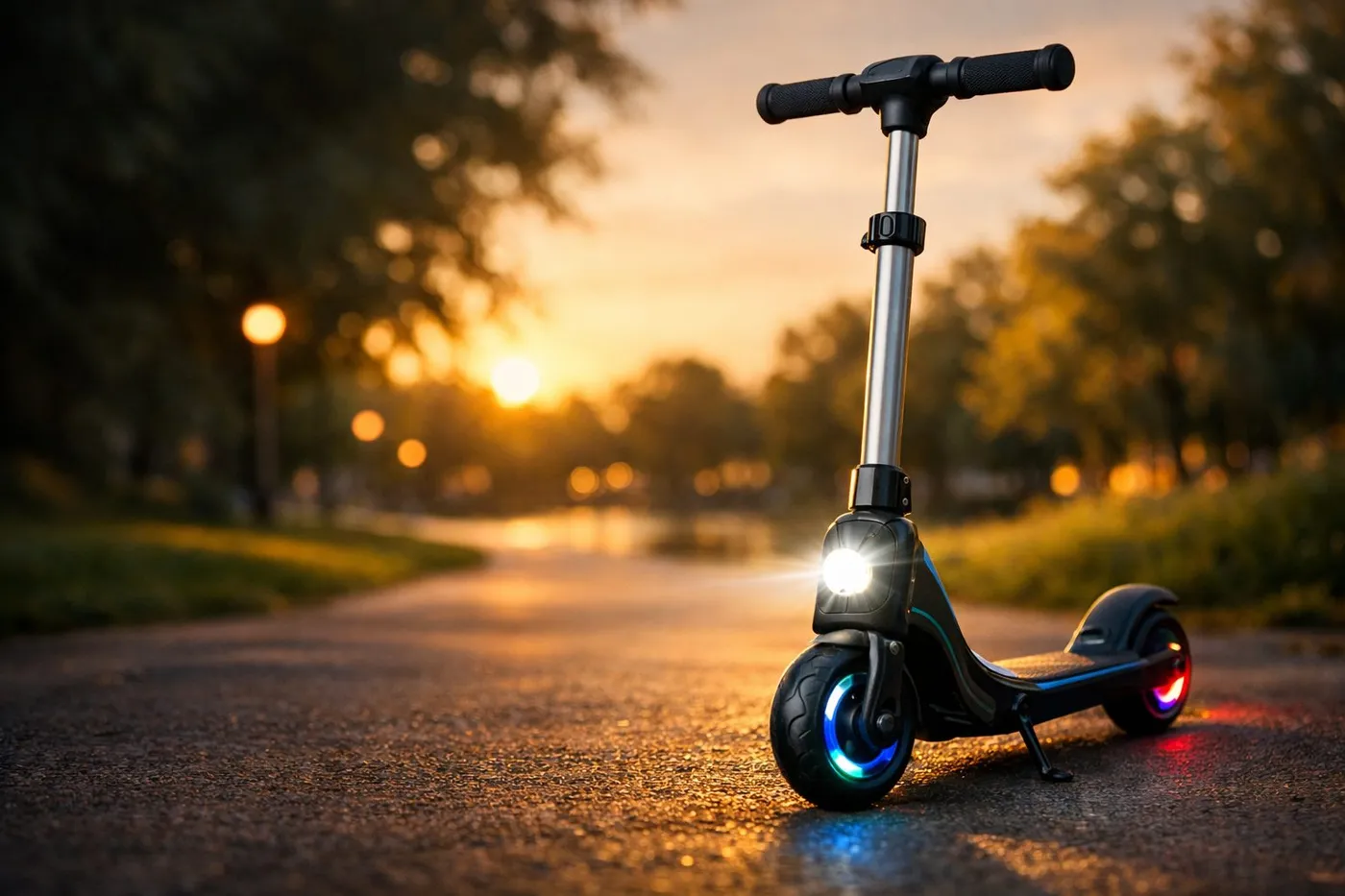 Trottinette électrique pour enfant dans un parc au coucher du soleil