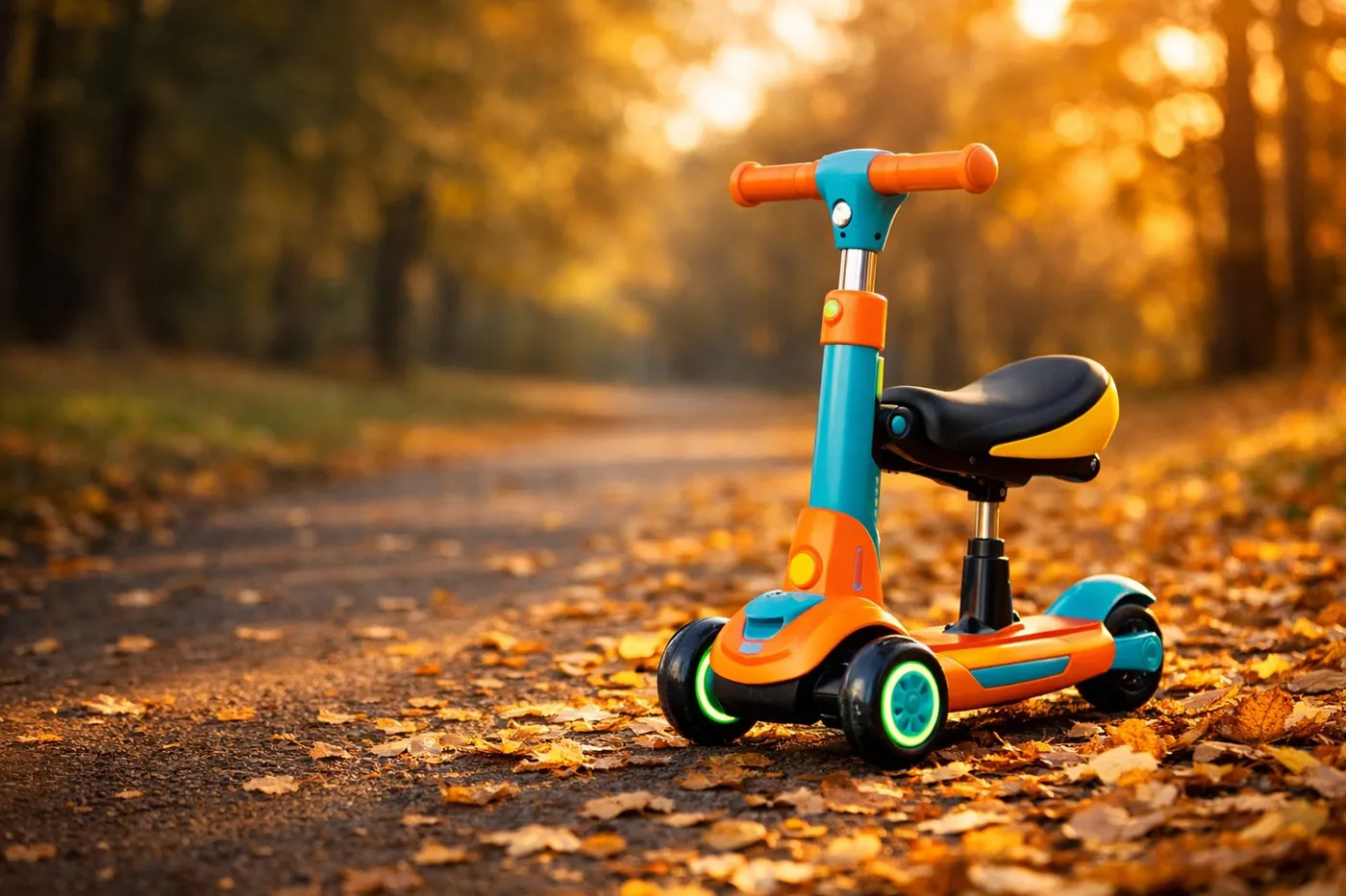 Trottinette électrique à trois roues pour enfant sur un chemin d'automne