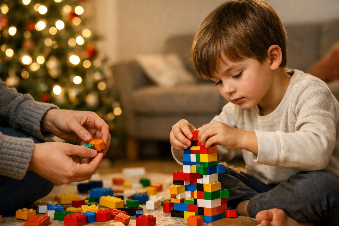 Enfant construisant avec des briques colorées le soir de Noël