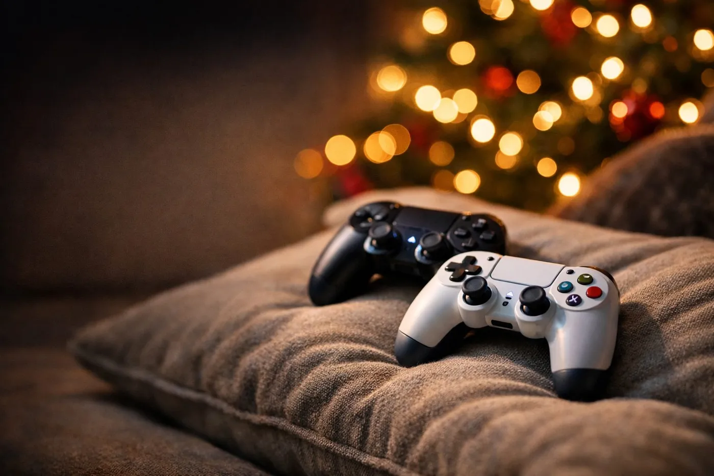 Deux manettes de jeu sur un canapé, lumières de Noël