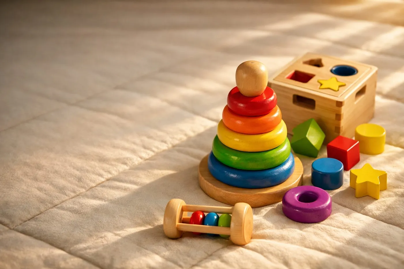 Jouets d'éveil en bois colorés sur un tapis