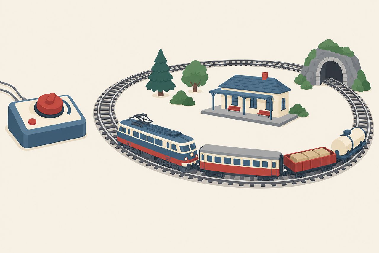 Un coffret de train électrique complet réunit une locomotive, des wagons, une voie ovale et une commande.
