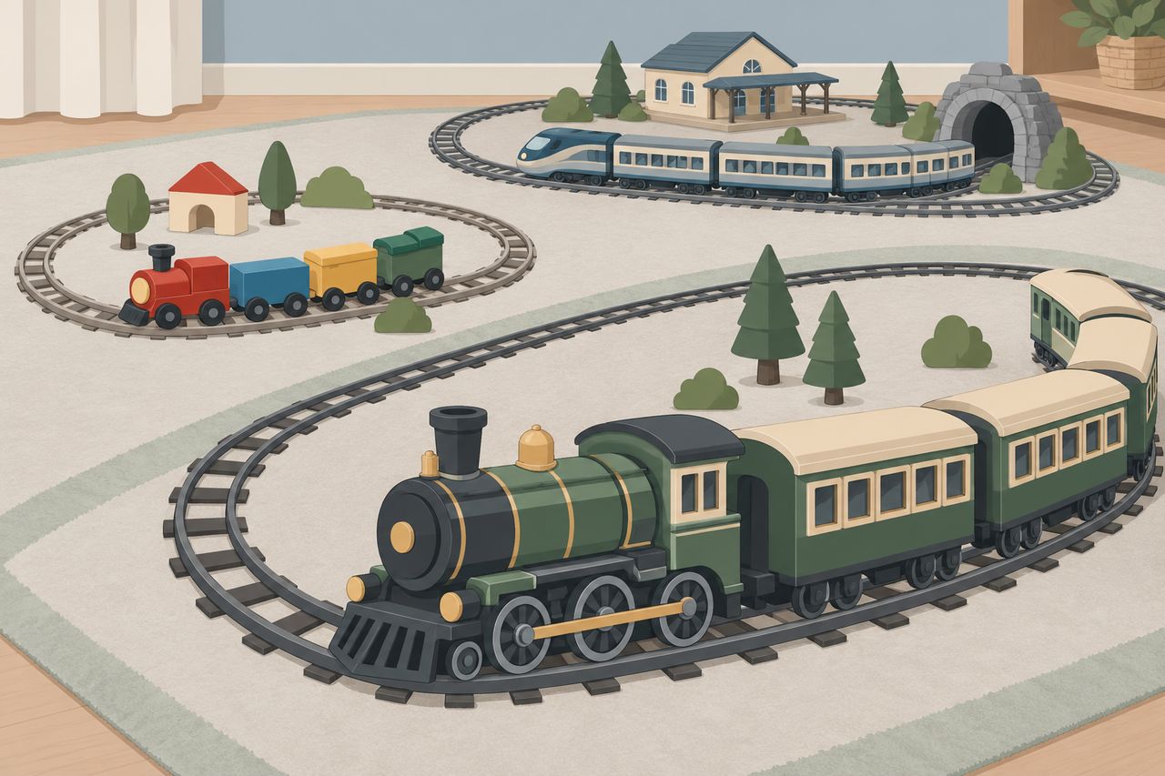 Trois trains électriques complets pour enfants, présentés avec leurs voies ovales et des niveaux de détail différents.