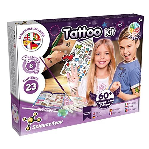 Science4You - Usine de tatouage temporaire d'enfants 8 ans - kit d'expérience de la Science d'enfants : faites 8 activités et +60 tatouages pour des enfants, jeux éducatifs de la Science d'enfants 8-10 ans