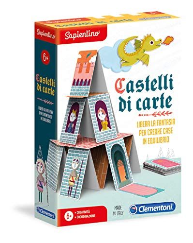 Clementoni 16241, Sapientino, Châteaux de Cartes, Jeu éducatif 6 ans avec tuiles illustrées, cartes à jouer pour enfants pour créer des châteaux en équilibre, Made in Italy