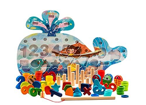 Gideb Montessori Games - 4 in 1 Educational Game for 3 4 5 Years - Game Fishing Fish Magnet - Games for Learning Maths - Multi-Activity Game made of Eve and Wood