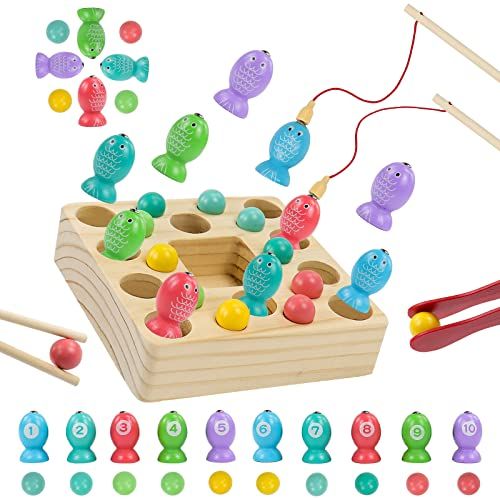 Symiu Jeux pour enfants 3 ans Puzzle pour enfants Jeu en bois Jeu de pêche Magnet mit 10 poissons 10 perles 3-en-1 Cadeaux de Noël Jeux éducatifs pour enfants 3 4 5 ans