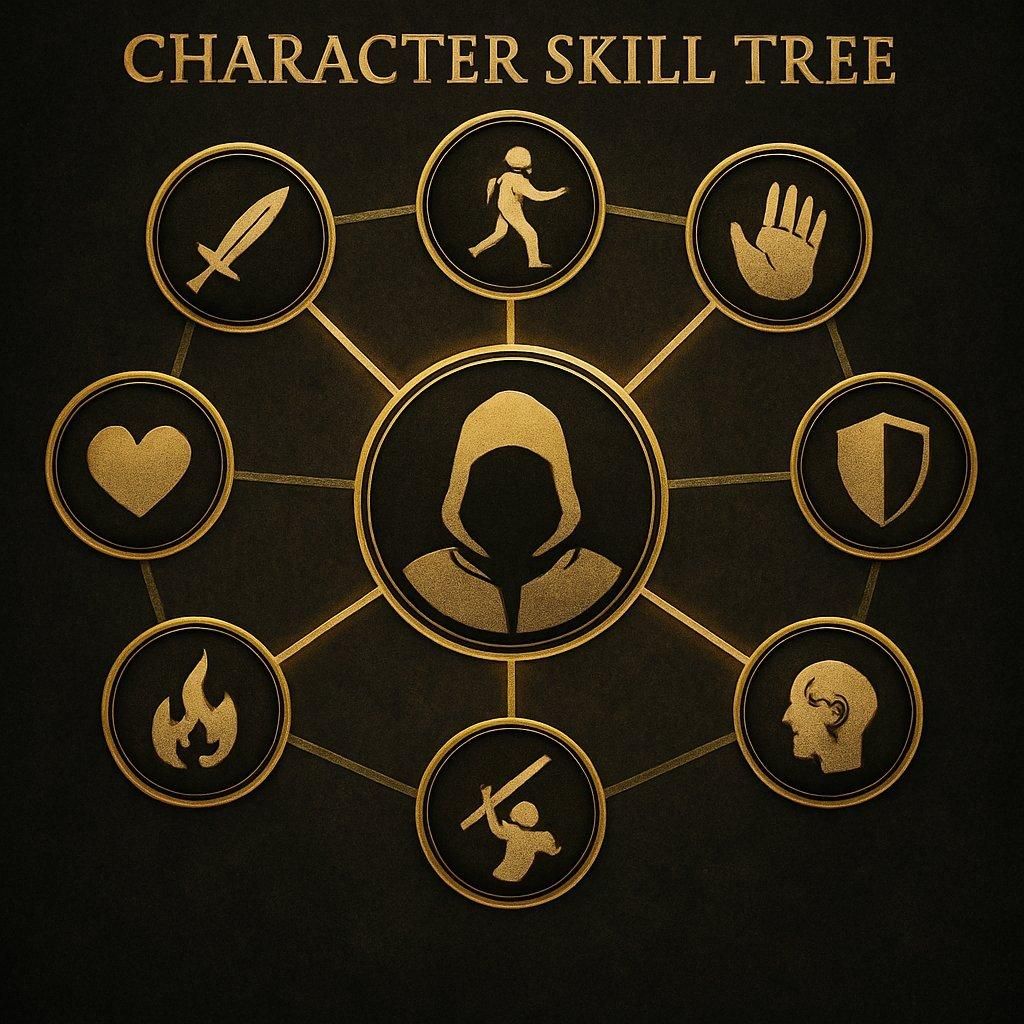 Arbre de compétences de personnage dans un jeu vidéo, illustrant la configuration des aptitudes passives.