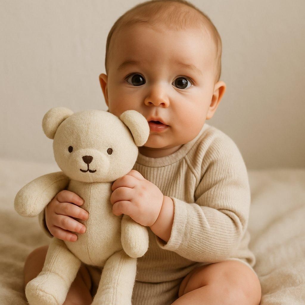 Baby holding organic cotton plush, un doudou doux et facile à saisir pour le confort du bébé.