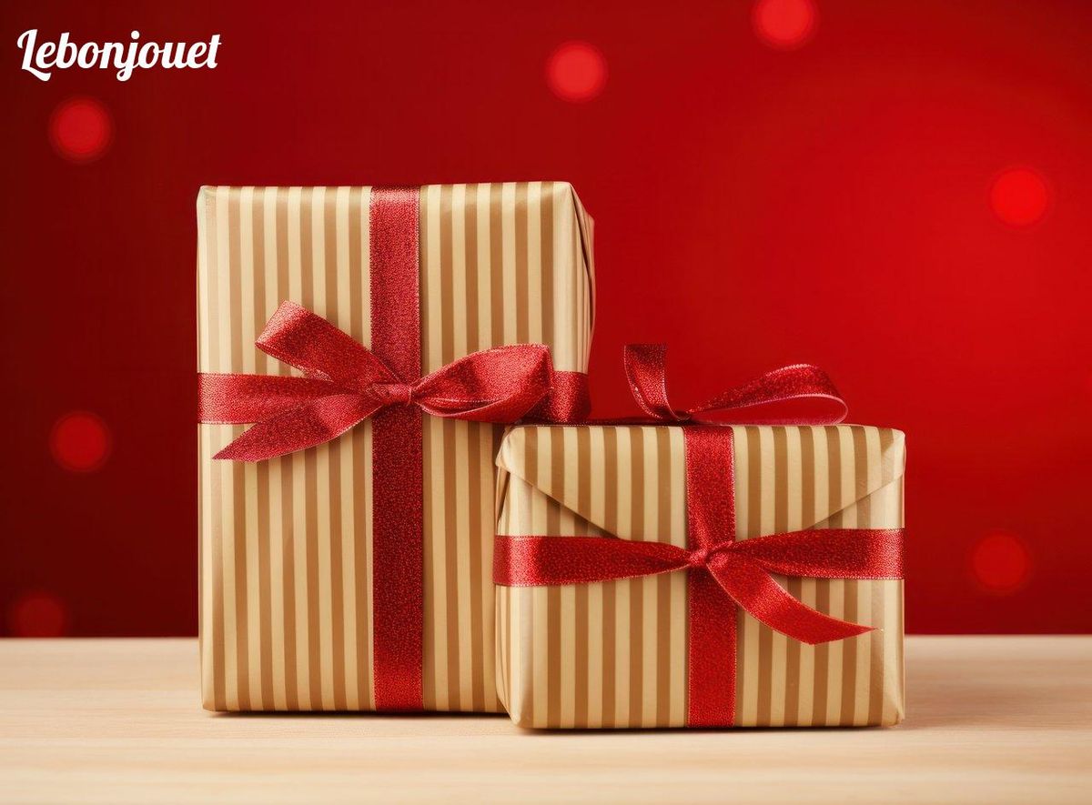Beige rayé et rubans rouges : l'élégance simple pour un Noël enchanteur.