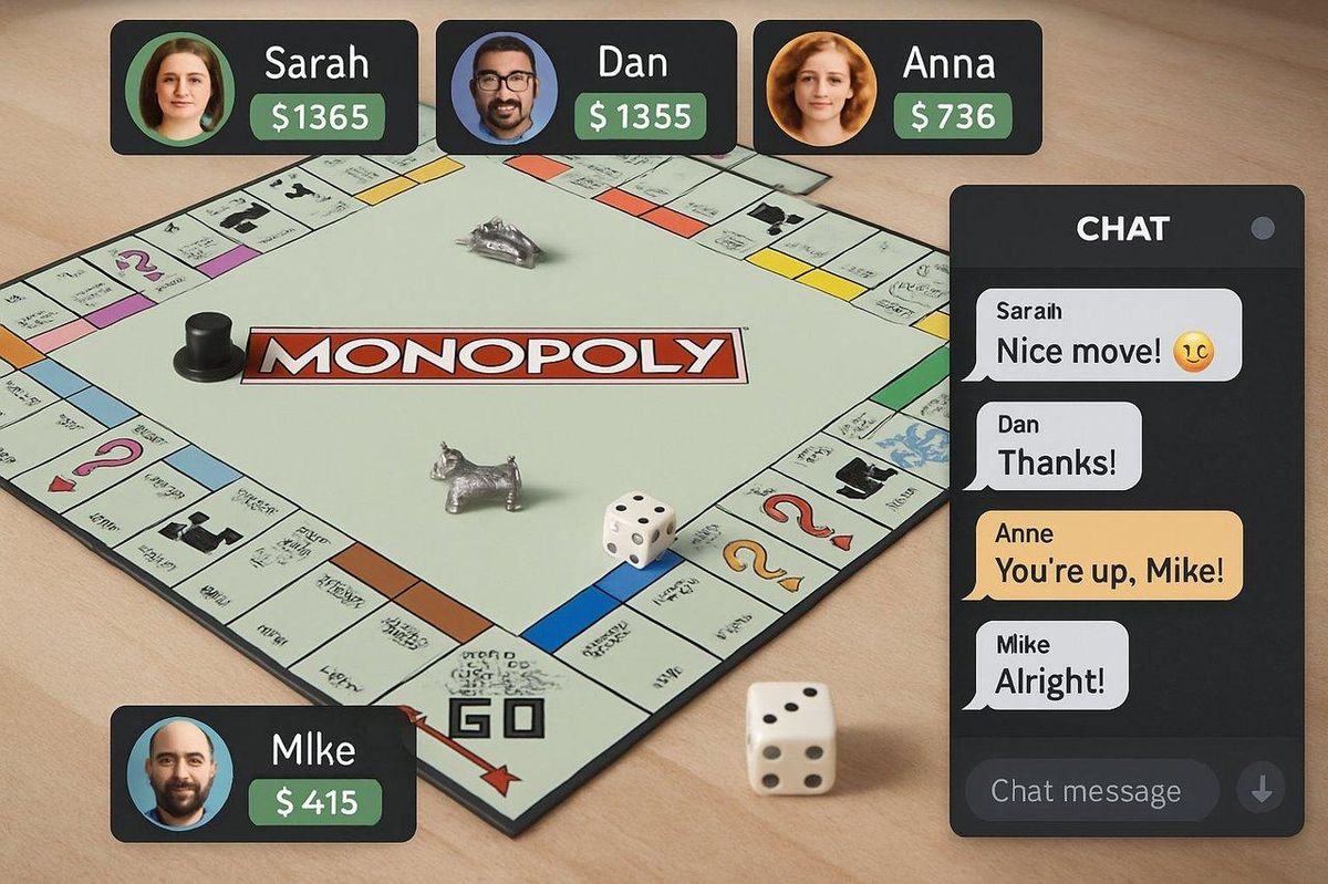Capture d’écran réaliste d’une partie multijoueur en ligne de Monopoly avec interface claire et chat actif.