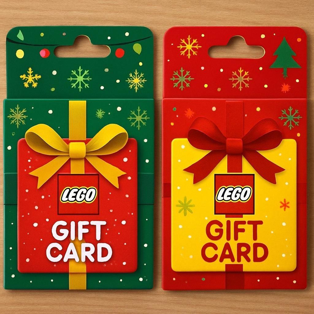 Cartes-cadeaux LEGO dans un emballage festif, parfaites pour un cadeau Black Friday inoubliable.