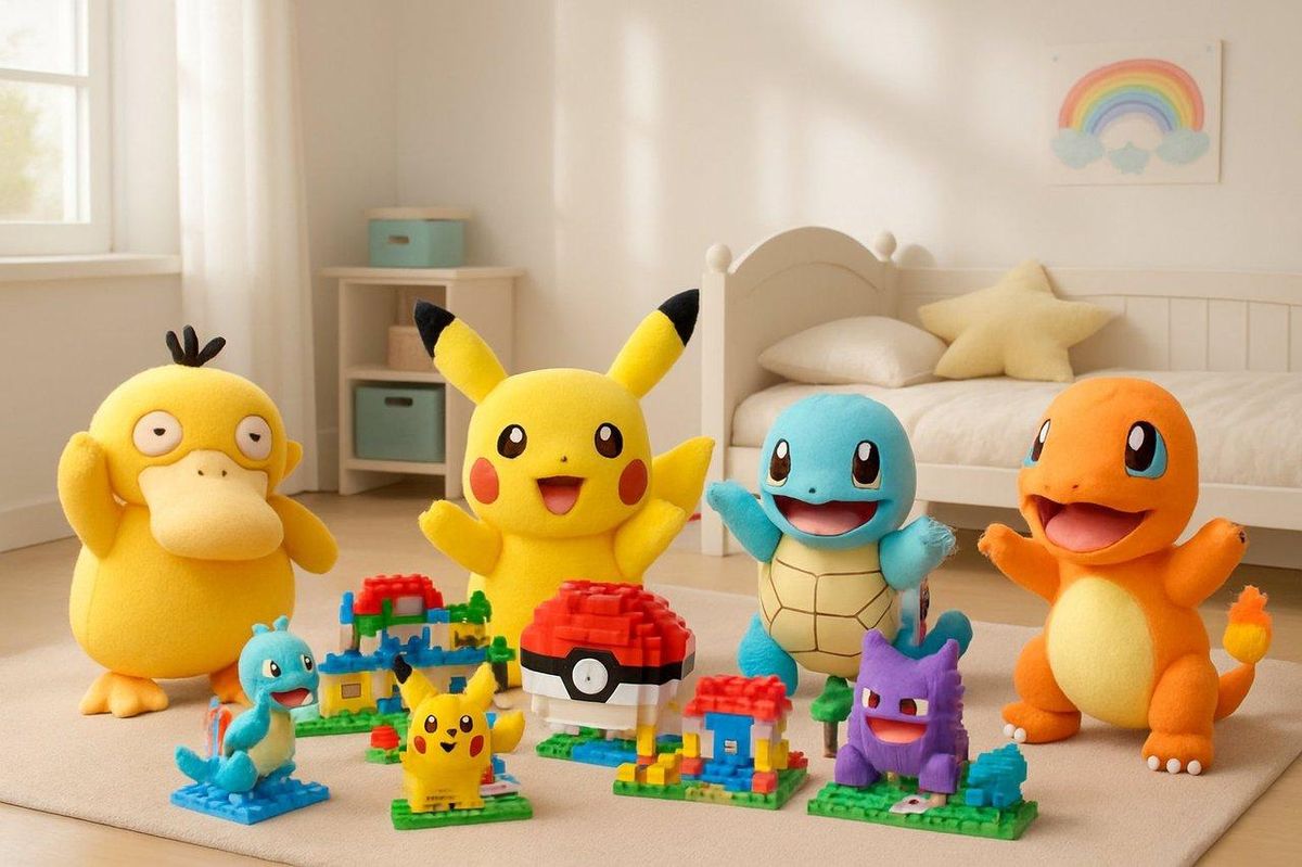 Chambre d’enfant lumineuse avec jeux de construction Pokémon colorés et peluches interactives joyeusement disposées.