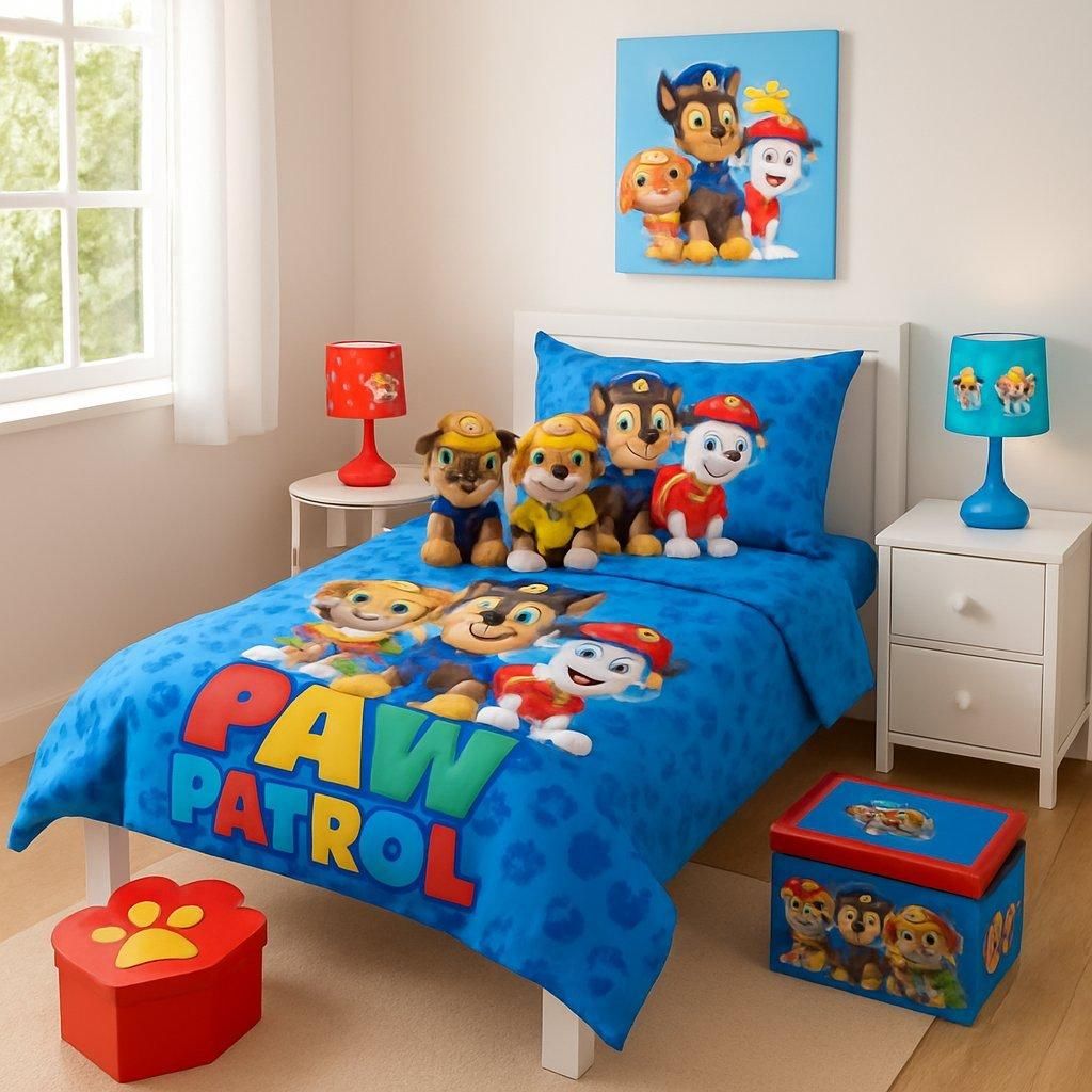 Chambre d’enfant lumineuse décorée Paw Patrol avec linge de lit, peluches, lampes colorées et boîtes thématiques
