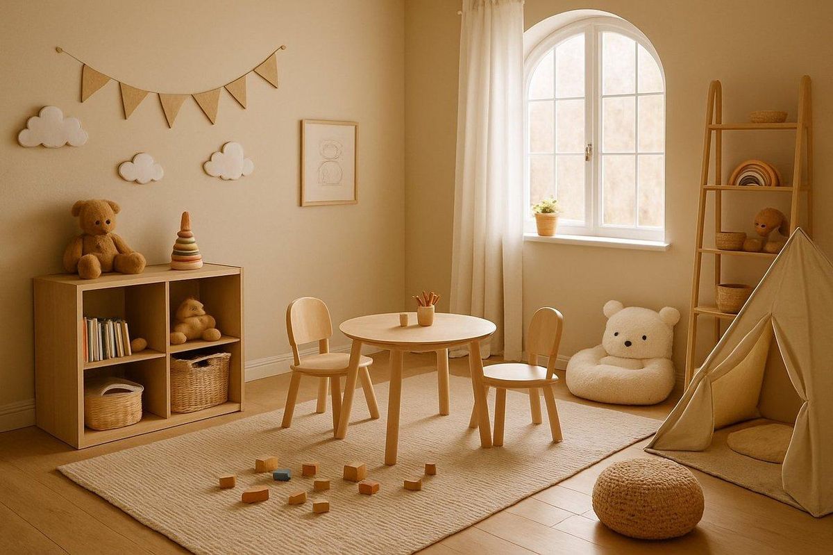 Coin cosy kids playroom avec enfants jouant à des jeux de rôle et livres, parfait pour journées pluvieuses d'été.