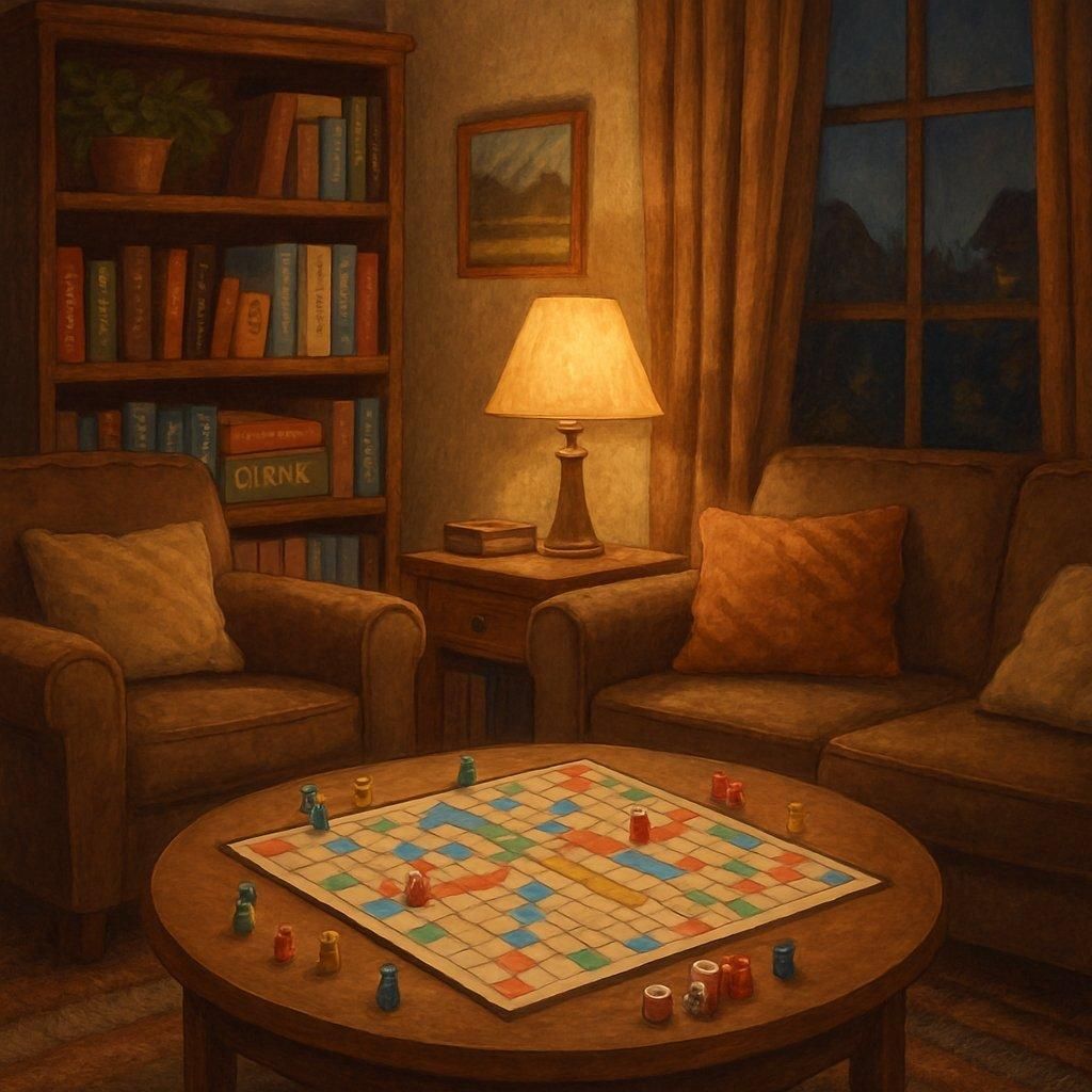 Coin jeux de société convivial et cosy avec table, chaises confortables, éclairage doux et rangement organisé.