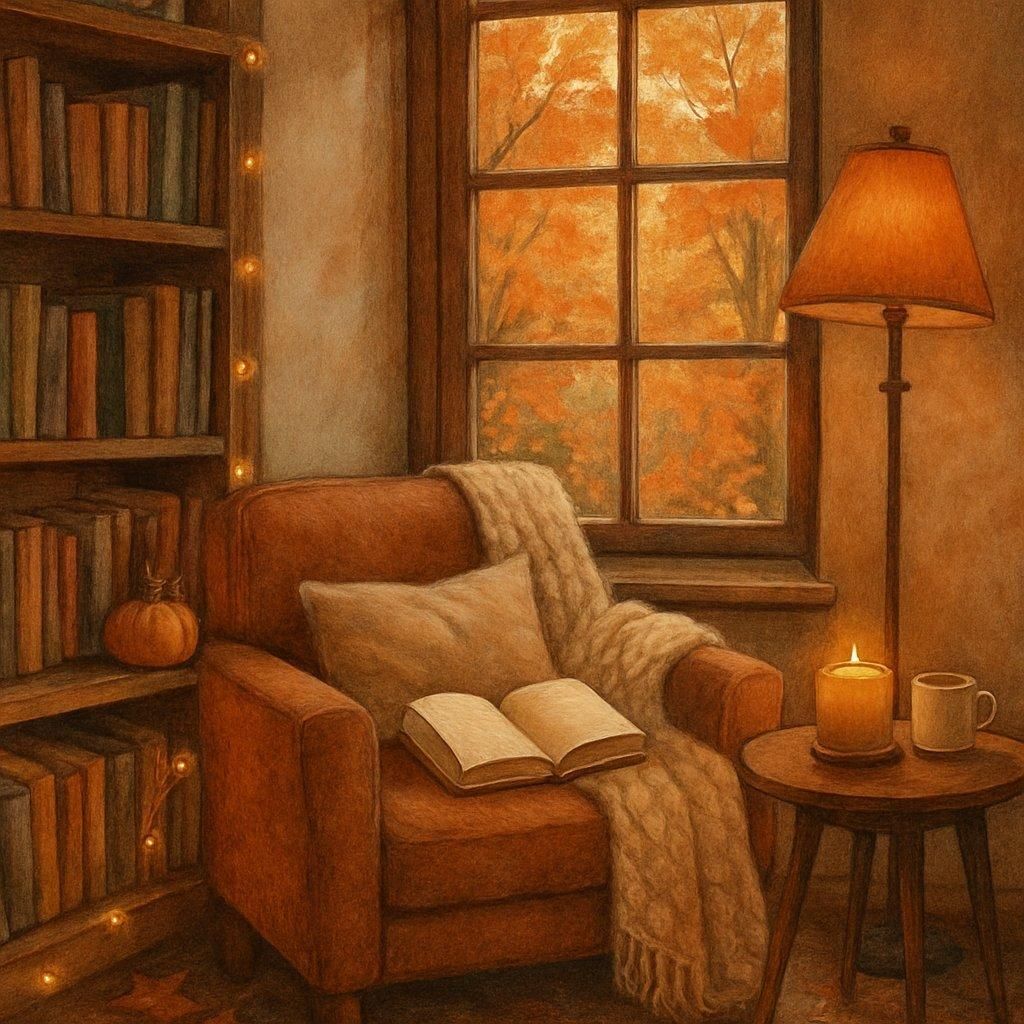 Coin lecture d'automne douillet et coloré, parfait pour un cozy autumn reading nook enfantin.