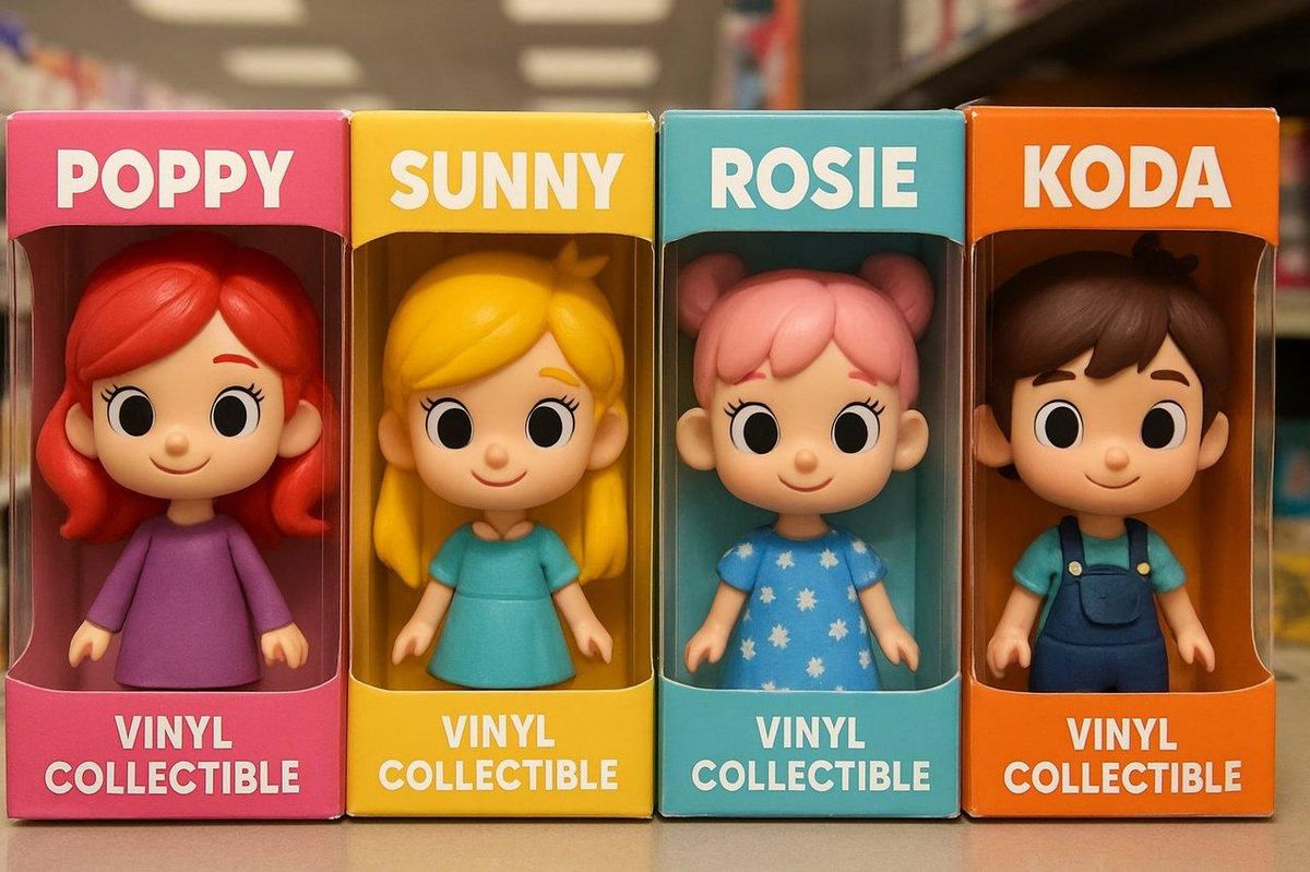 Collection de poupées vinyl collectible dolls colorful packaging dans une mise en scène colorée et attrayante.