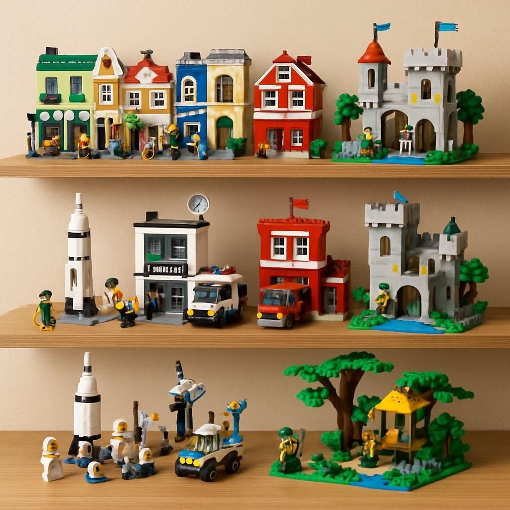 Collection variée de LEGO themed sets display : Star Wars, Harry Potter, Technic et dinosaures articulés.