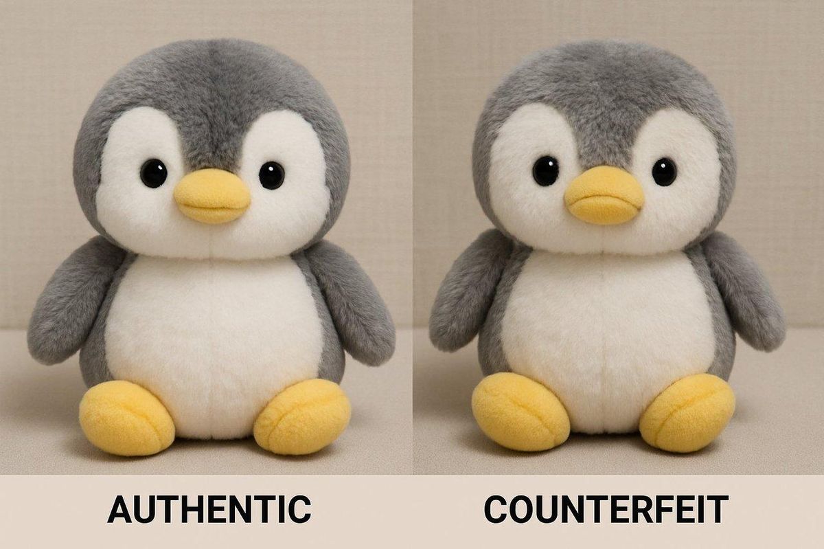 Comparaison entre peluches Labubu authentiques et contrefaçons, soulignant les différences pour le mot-clé plush toy comparison counterfeit.
