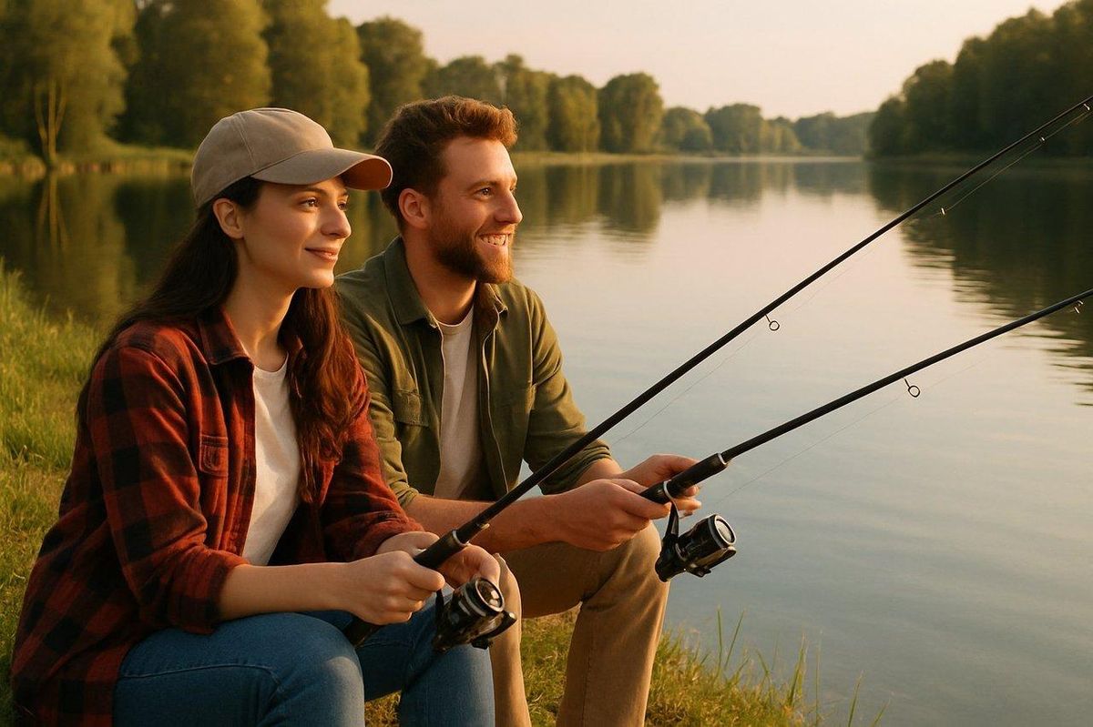 Couple fishing lake lors d'une session tranquille dans Where Winds Meet, au bord d’un lac en forêt.