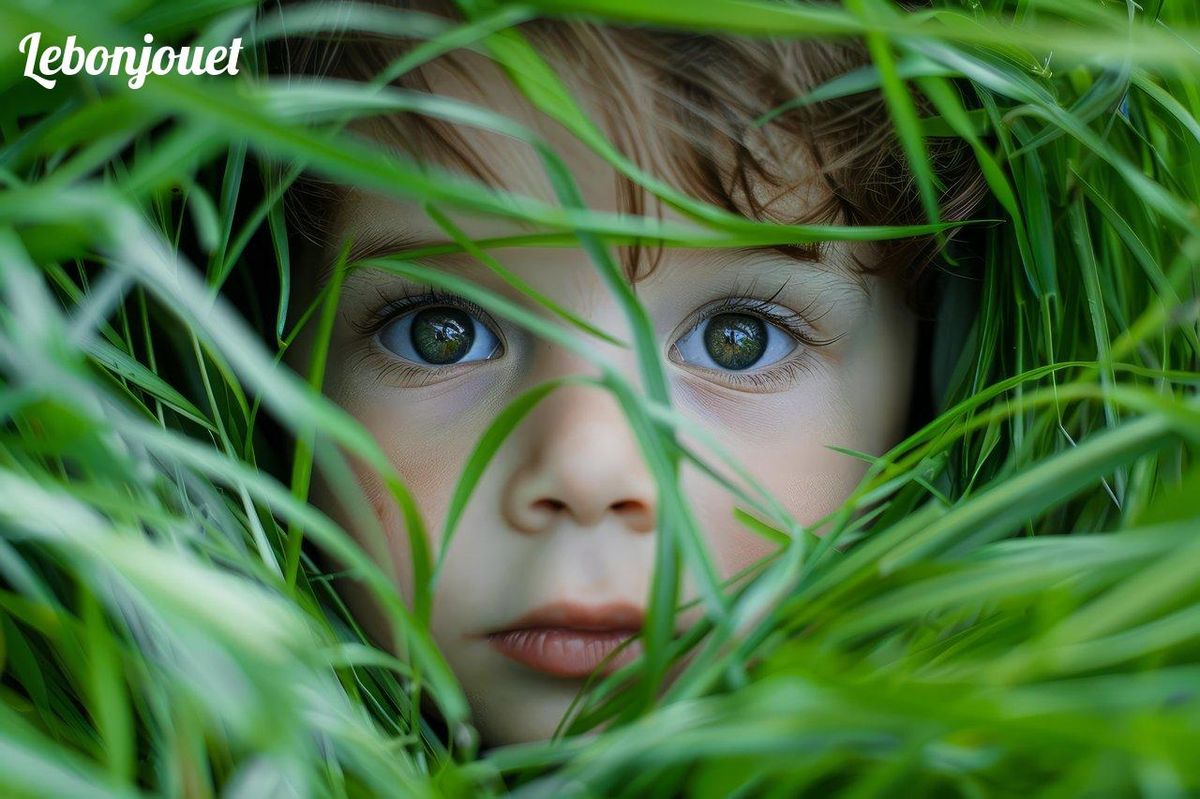 Curiosité éveille-toi : un enfant explore le monde caché derrière les brins d'herbe.