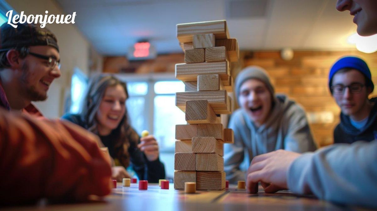 Des amis rient autour d'une tour de blocs, rappelant l'esprit compétitif de The Landlord's Game.