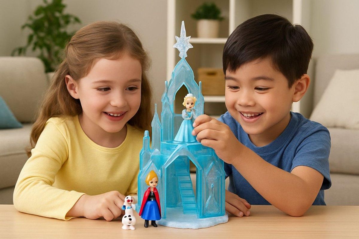Des enfants jouent avec le château Frozen de Mattel dans un décor hivernal féérique.