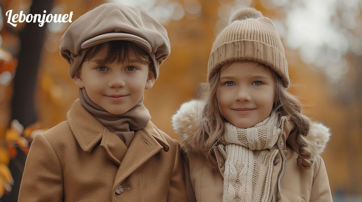 Deux enfants complices en automne, prêts pour des jeux de rôle enrichissants et empathiques.