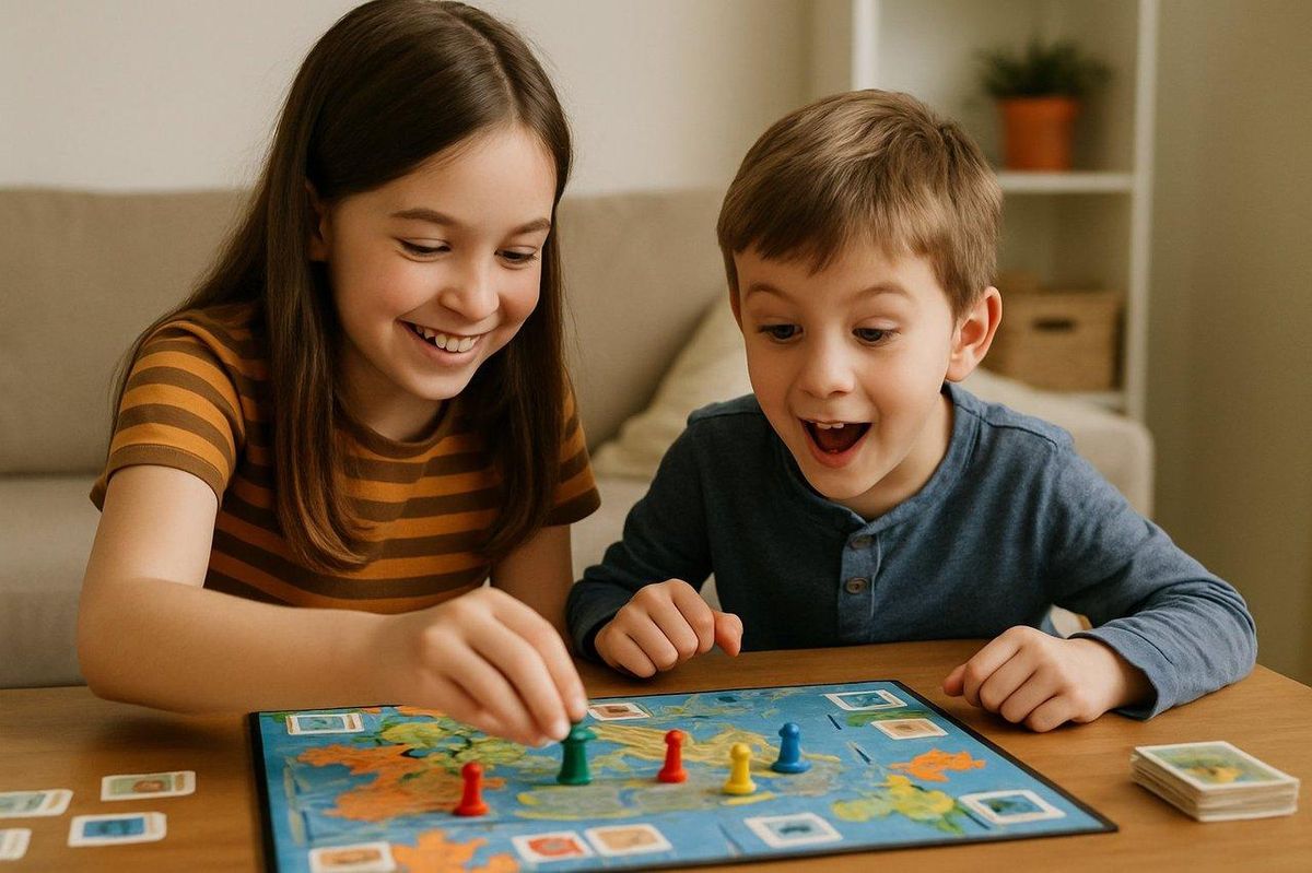 Deux enfants concentrés et joyeux jouent ensemble à un siblings cooperative board game, favorisant la coopération.