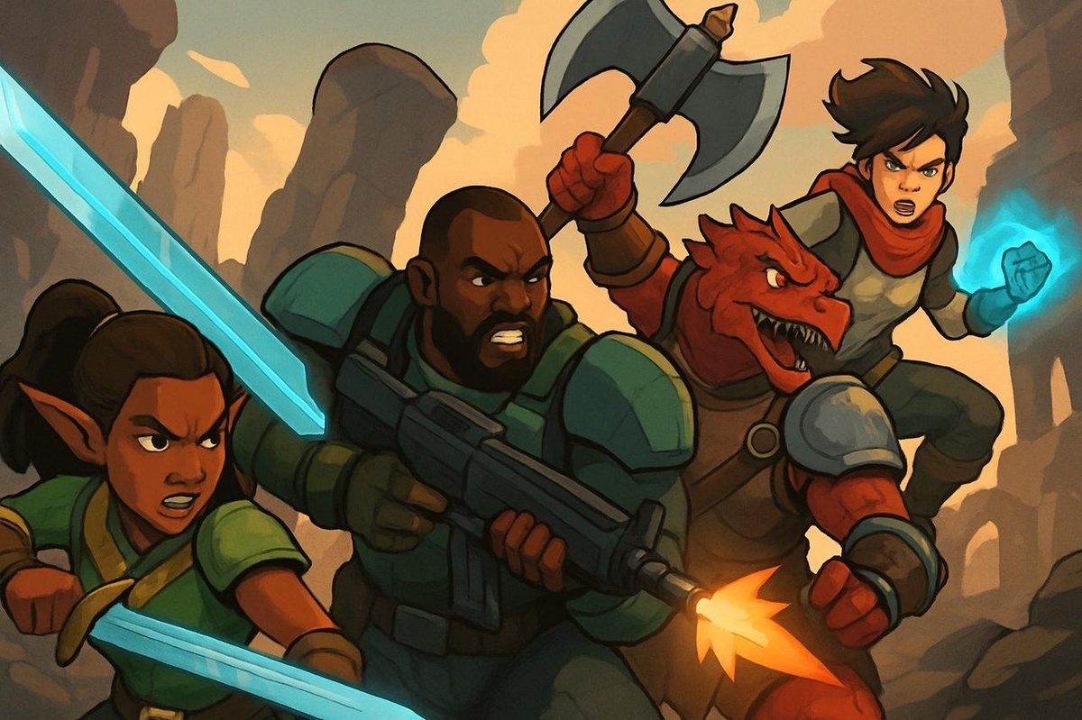 Diverse video game characters en action illustrant différents styles de jeu offensif et défensif dans Megabonk.