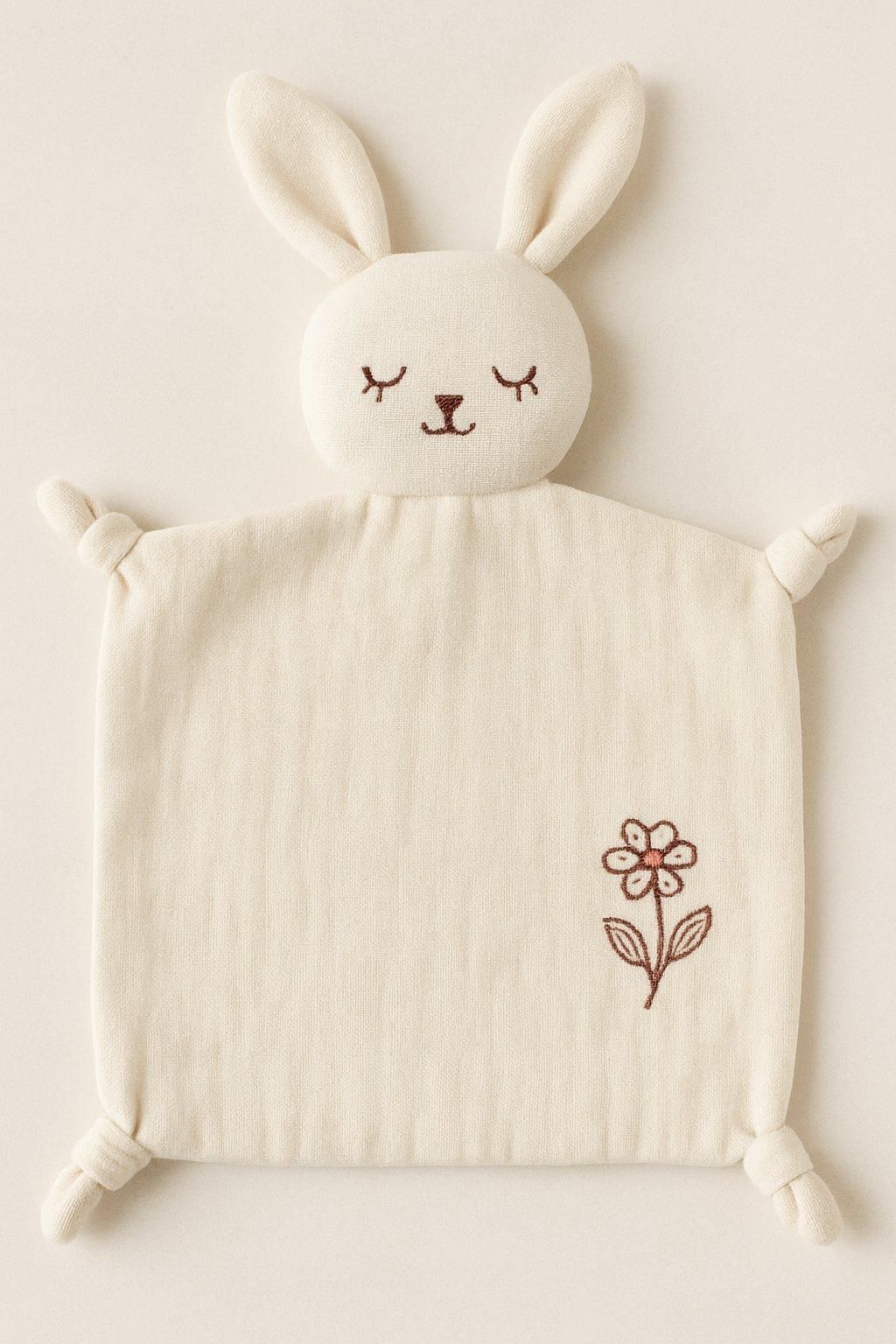 Doudou bio en coton naturel avec prénom brodé, parfait pour apaiser et accompagner bébé.