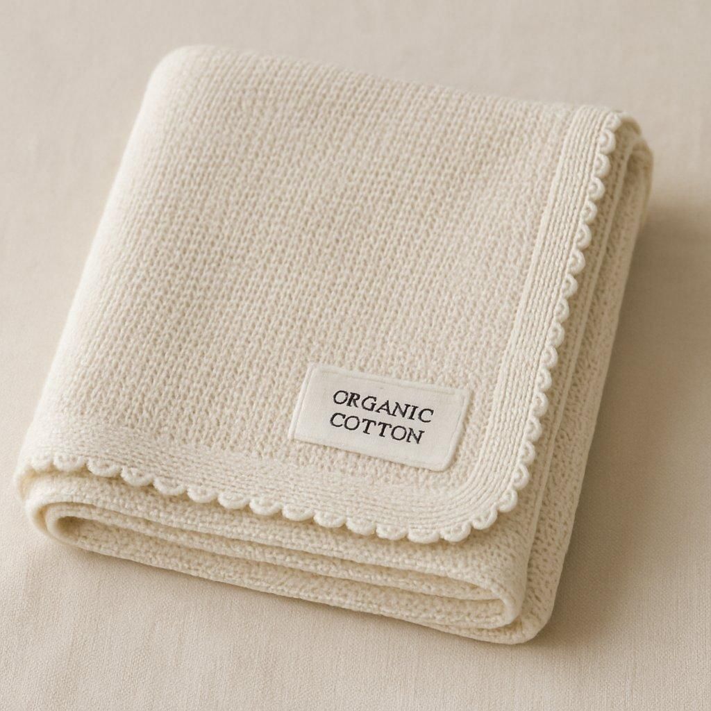 Doudou en coton biologique blanc, doux et hypoallergénique, posé sur un lit de bébé.