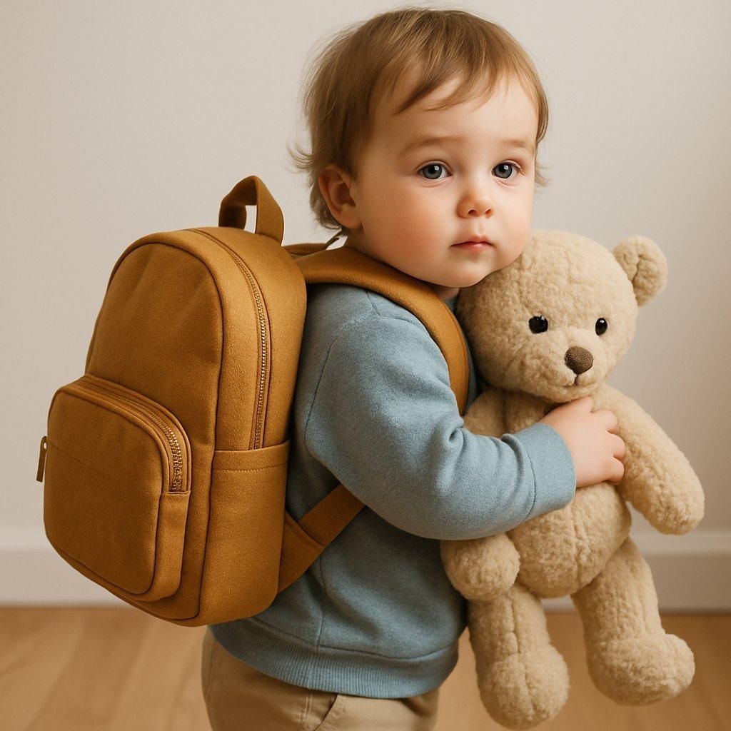 Doudou posé dans un petit cartable d’enfant avec fournitures colorées, apportant confort et rassurance à l’enfant.