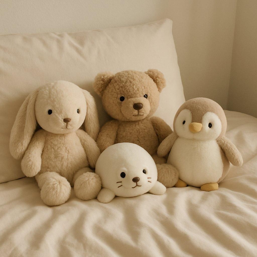 Doudous en tissu doux disposés sur un lit d’enfant, créant un environnement rassurant pour un sommeil serein.