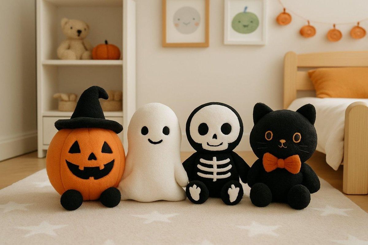 Doudous thématiques Halloween colorés et sécurisés dans une chambre d’enfant, parfaits pour Halloween plush toys child's room.