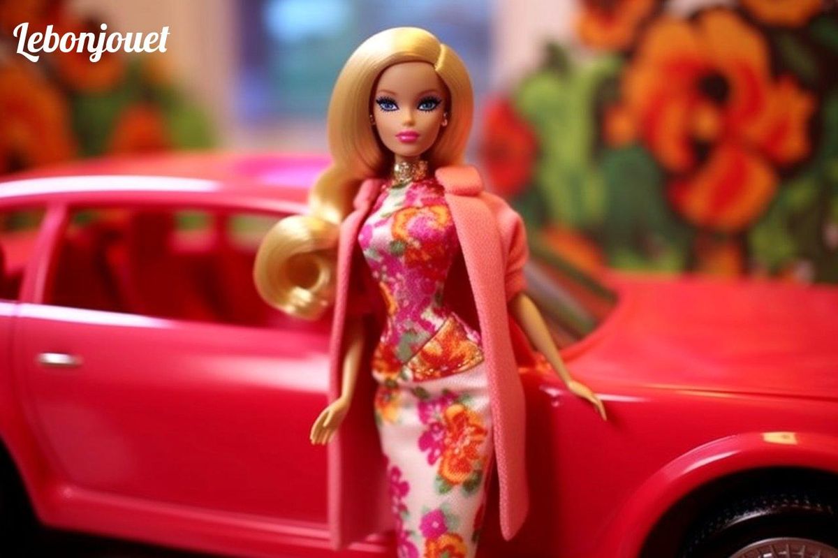 Élégance en mouvement : Barbie chic et son auto rose, must-have des collectionneurs.