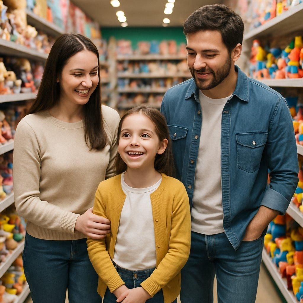 Enfant avec ses parents dans un toy store, découvrant la collection Labubu officielle.