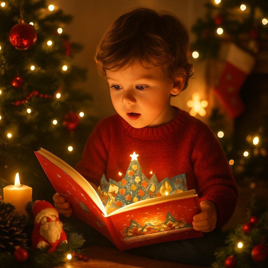 Enfant captivé lisant un livre pop-up de Noël lumineux, entouré de décorations festives et lumière douce chaleureuse.