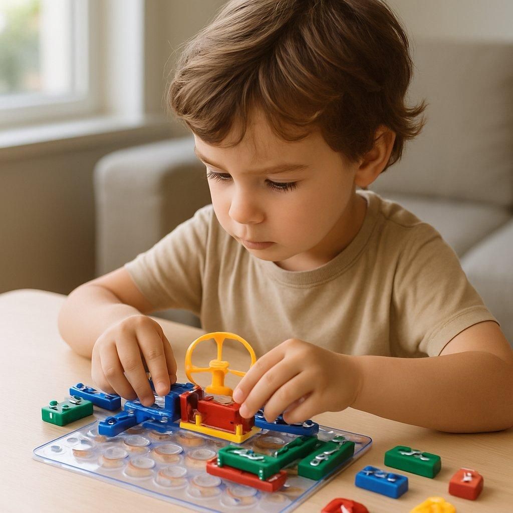 Enfant concentré assemblant un circuit électronique coloré avec blocs à clipser KidyElec sur une table claire.