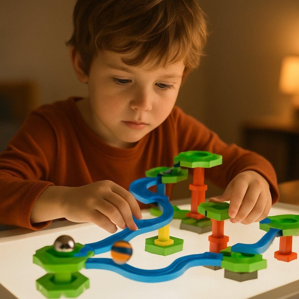 Enfant concentré construisant un parcours Gravitrax coloré avec billes en mouvement sur table lumineuse.