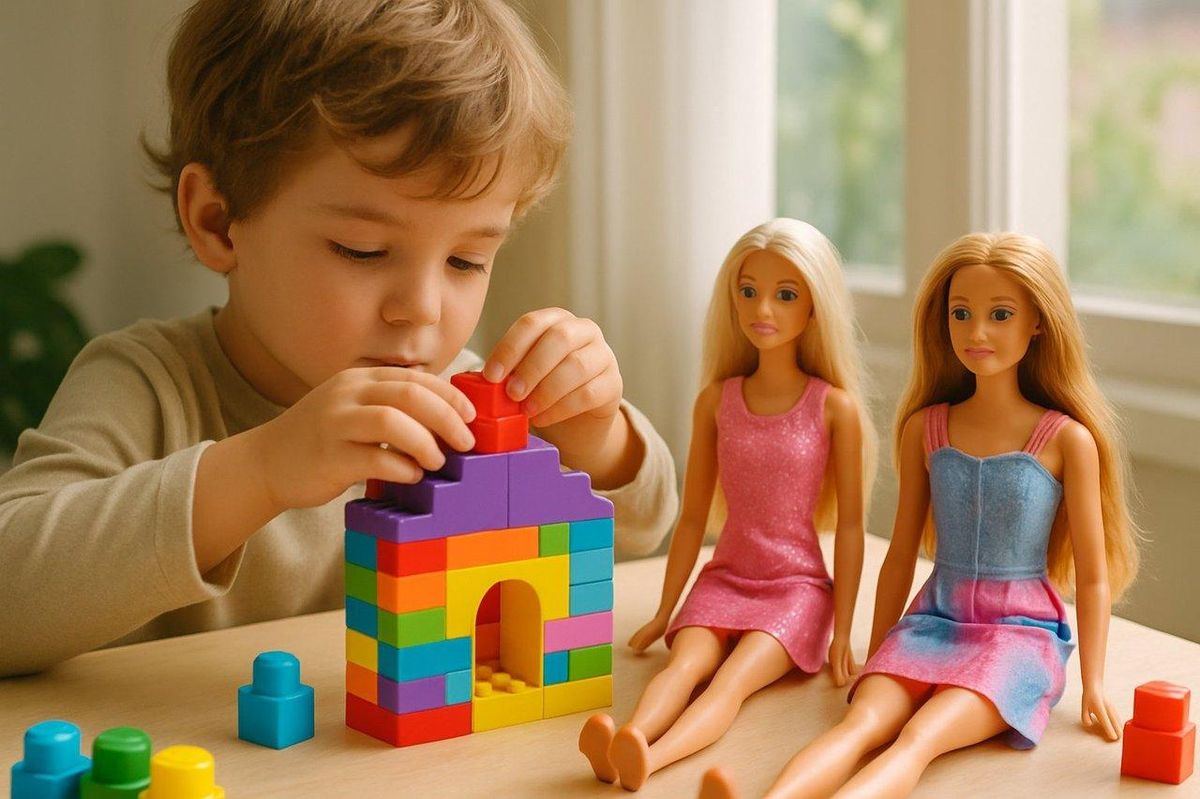Enfant concentré construisant une maison colorée avec blocs Méga Bloks près de figurines Barbie, sous lumière naturelle.