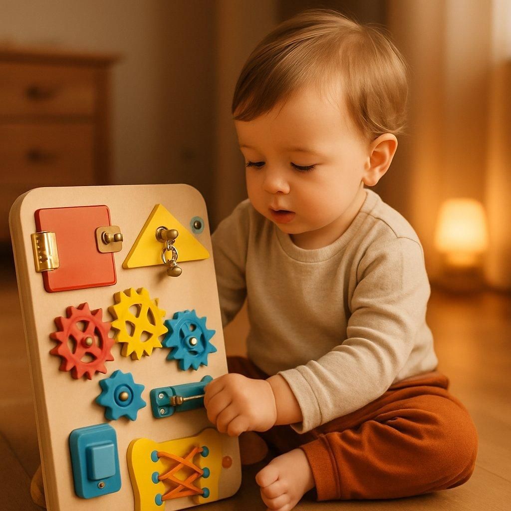 Enfant concentré explorant un busy board en bois coloré dans une ambiance chaleureuse et apaisante.