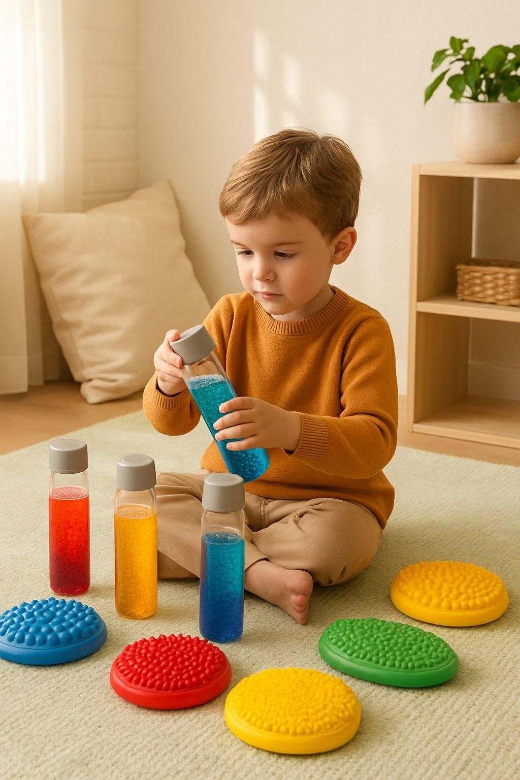 Enfant concentré manipulant des bouteilles sensorielles colorées et coussins tactiles variés dans un coin sensoriel lumineux.