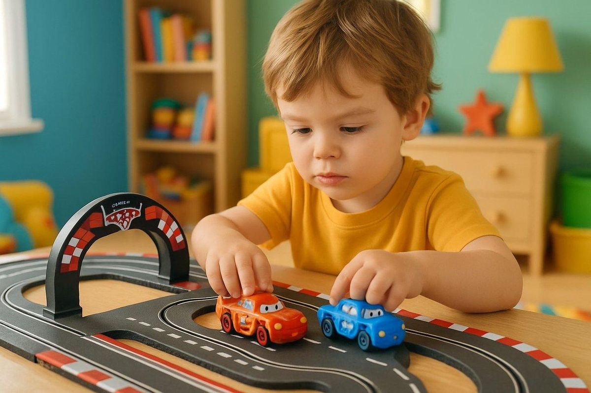 Enfant concentré manipulant des voitures aimantées sur circuit électrique Cars dans une ambiance ludique et colorée.