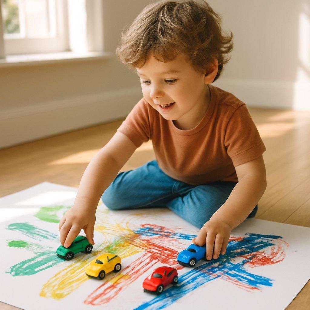 Enfant créatif utilisant des petites voitures colorées pour peindre des empreintes artistiques sur une grande feuille blanche.