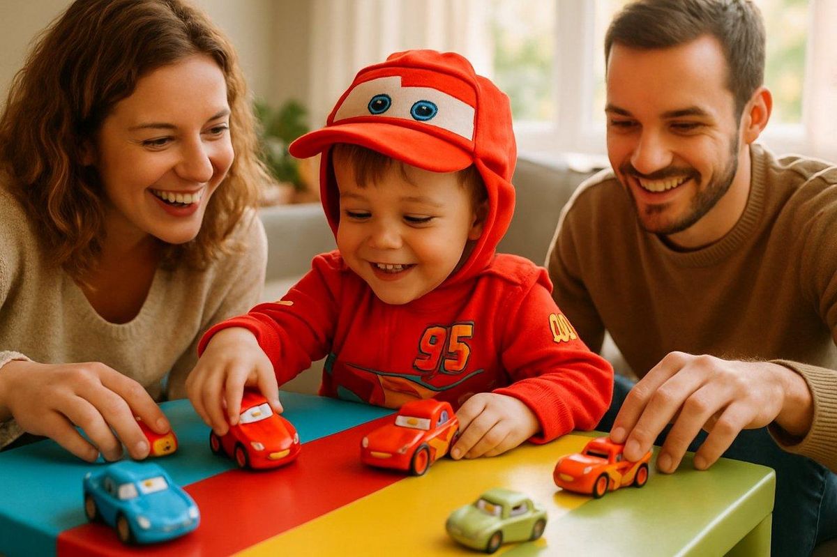 Enfant déguisé en personnage de Cars jouant en famille avec petites voitures sur une table colorée.