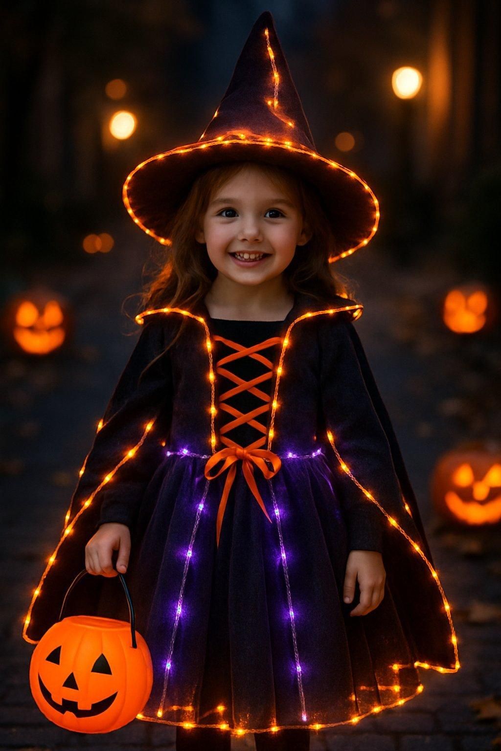 Enfant déguisée en sorcière avec costume LED Halloween et maquillage UV dans une ambiance nocturne festive.