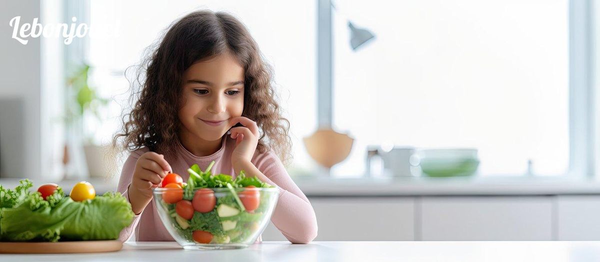 Enfant enthousiaste devant sa salade colorée : découvrir la nutrition en s'amusant.