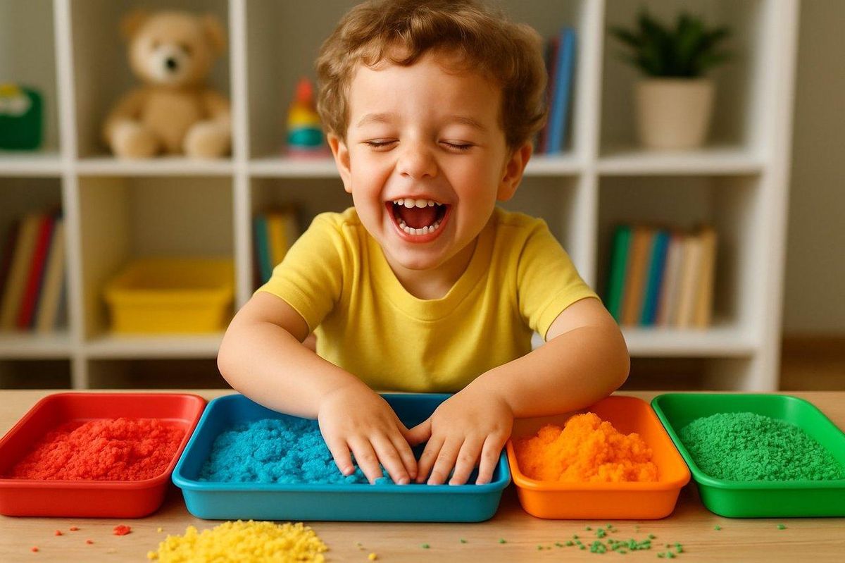 Enfant explorant un jeu tactile sensoriel, favorisant l’expression des émotions par le jeu sensoriel.